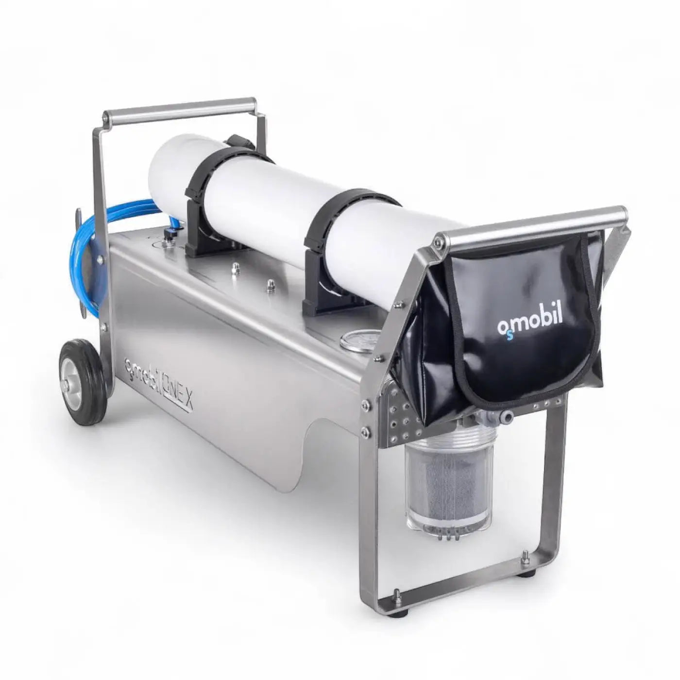 Silberner omobil spectranex industrie wasserbehandlungskarren mit weißen zylindrischen tanks und schwarzen riemen für osmobil one x reinigung