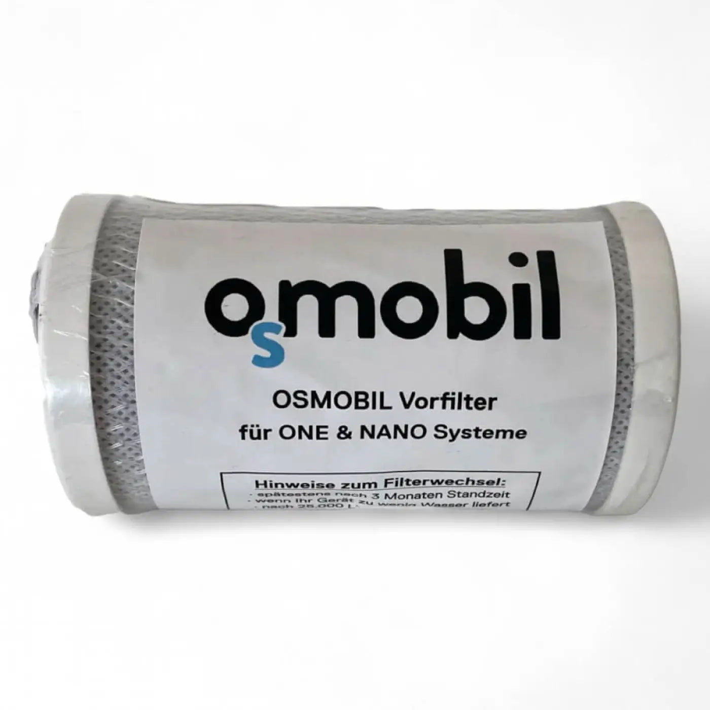 Weißes zylindrisches osmobil vorfilter mit mesh-textur für ONE, ONE X, MINI und NANO wasserfiltersysteme