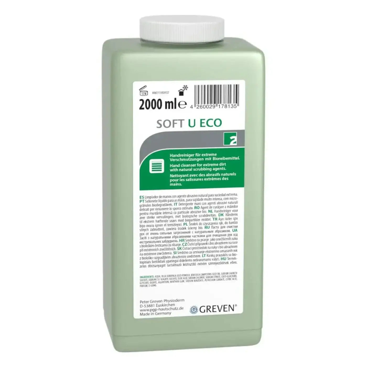 Eine 2000 ml flasche peter greven soft u eco handreiniger aus durchsichtigem hellgrünem plastik mit weißem mehrsprachigem etikett