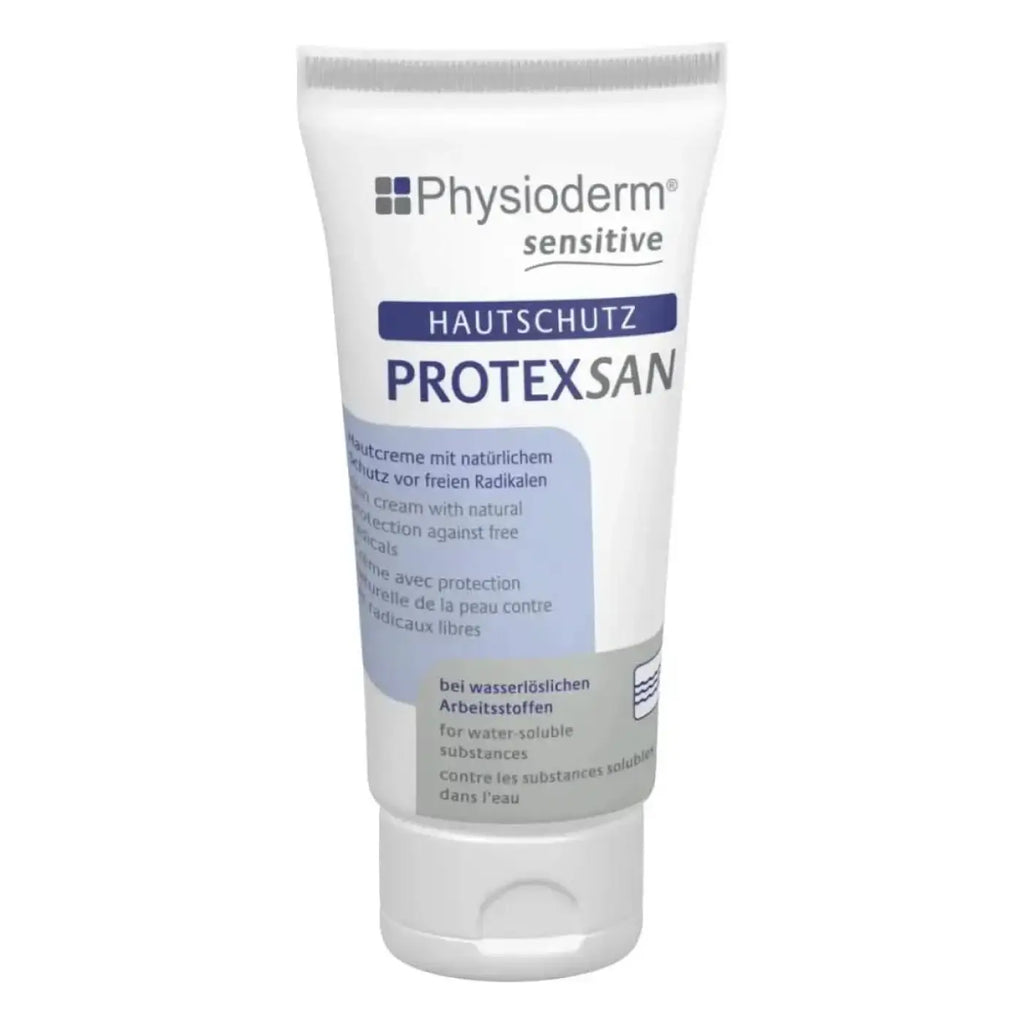Physioderm Protexsan Hautschutzcreme handcreme in weißer tube mit blauer und grauer beschriftung für empfindliche haut