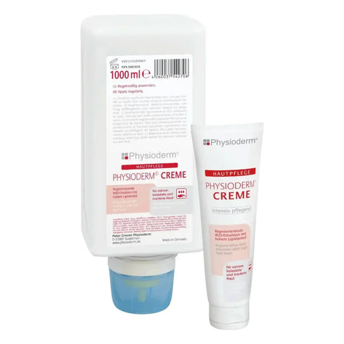 Weiße kunststofftube physioderm creme mit blauem deckel und rosa etikett für intensive hautpflege von händen und gesicht