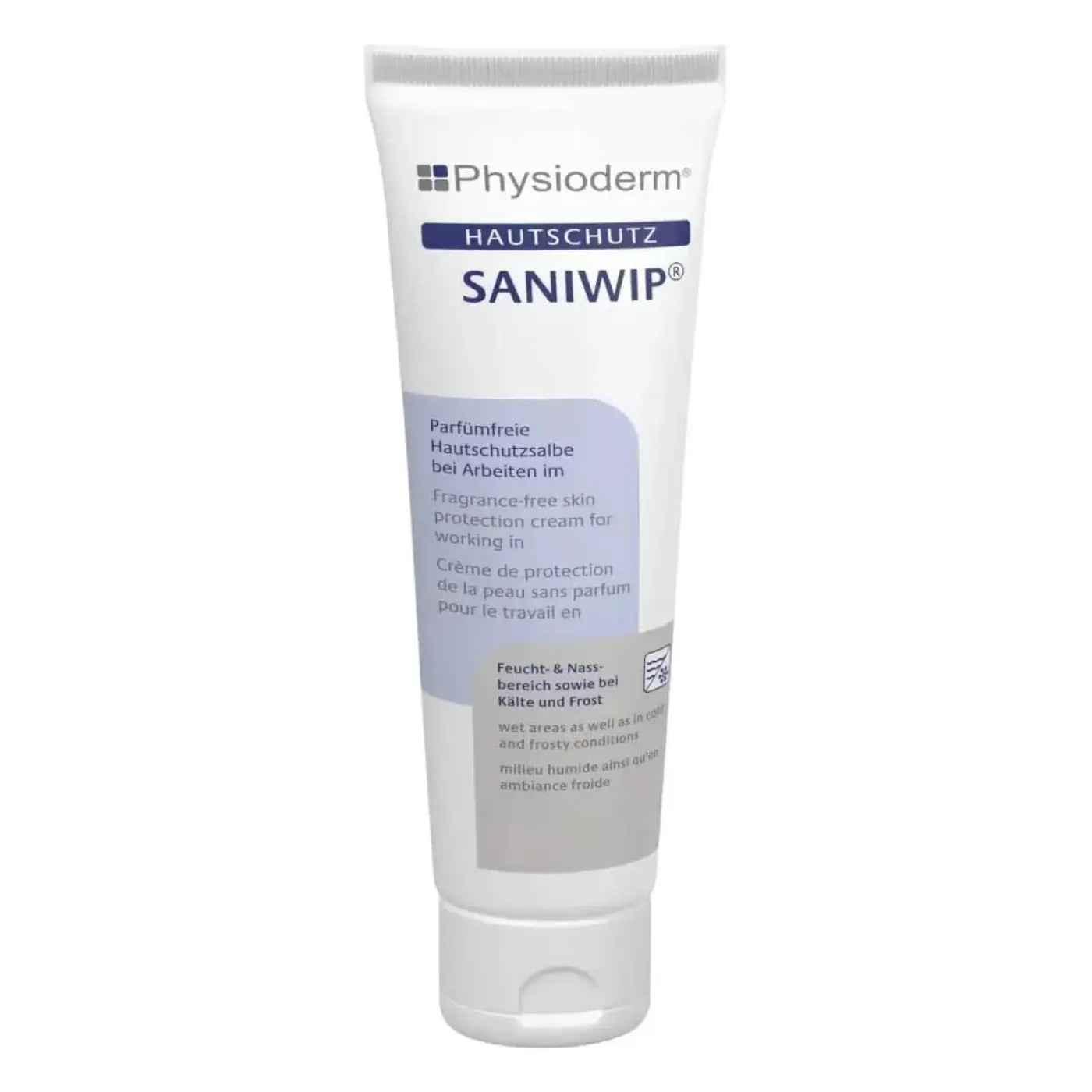 Weiße tube physioderm saniwip hautschutzcreme fragrance-free für arbeit in nassen und frostigen bereichen