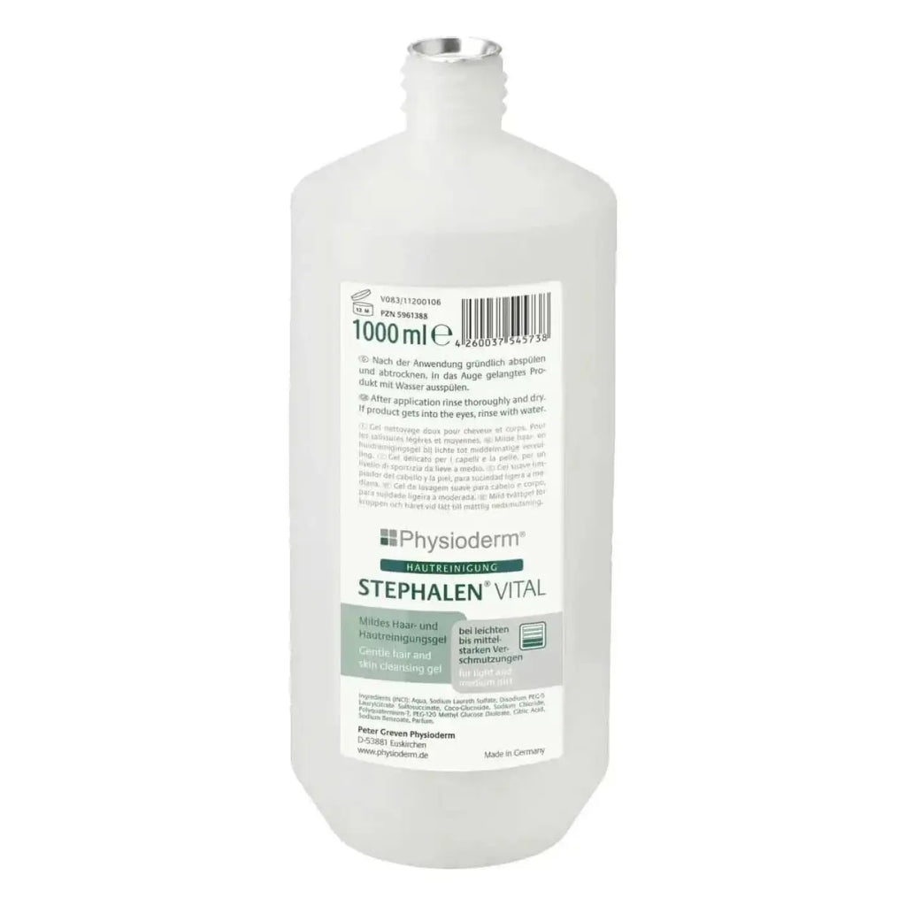 Eine klare plastikflasche mit silberner kappe physioderm stephalen vital 1000 ml sanftes haar und kopfhaut waschgel