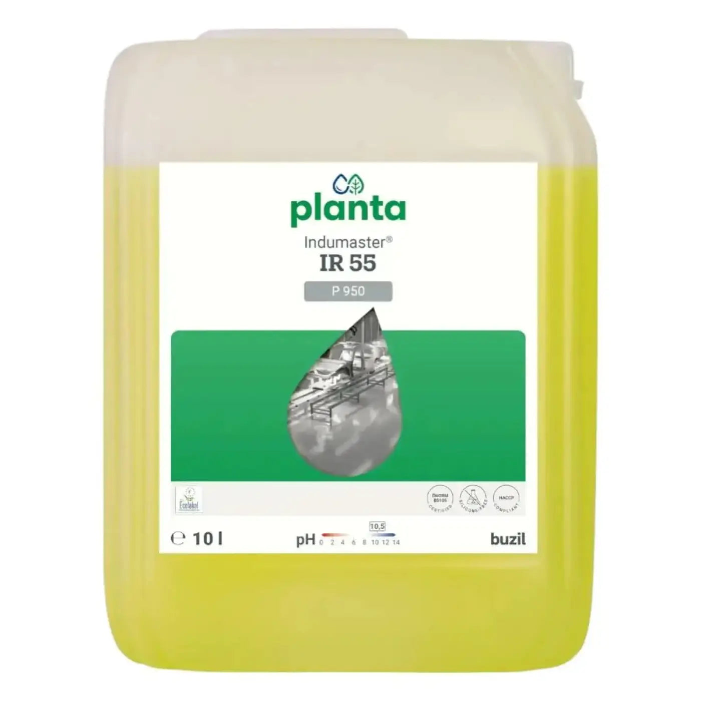 Ein 10-liter container planta indumaster ir 55 gelber flüssigdünger in transparentem kunststoffkanister mit weißem etikett