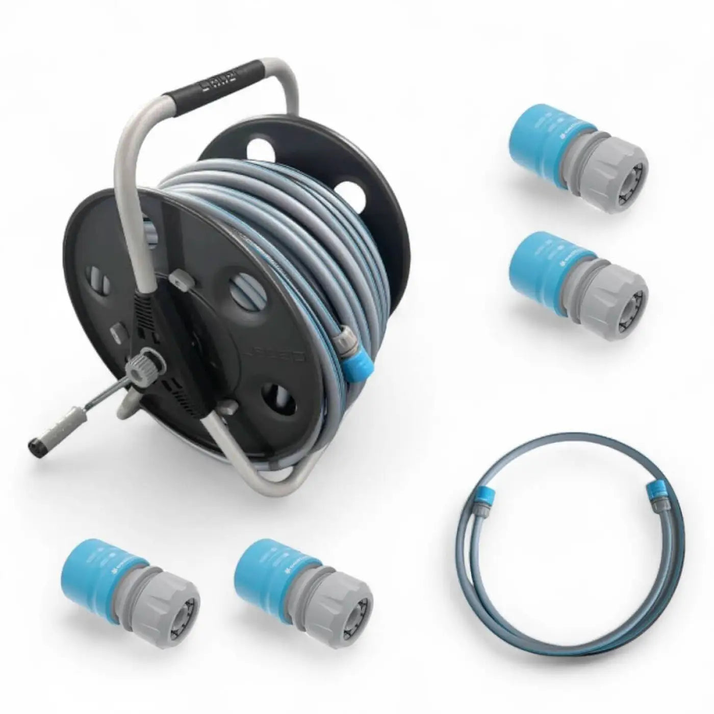 Grauer und blauer metall-gartenschlauchwagen profi-set metallabroller 50m 1/2 mit schwarzer trommel und silbernem griff