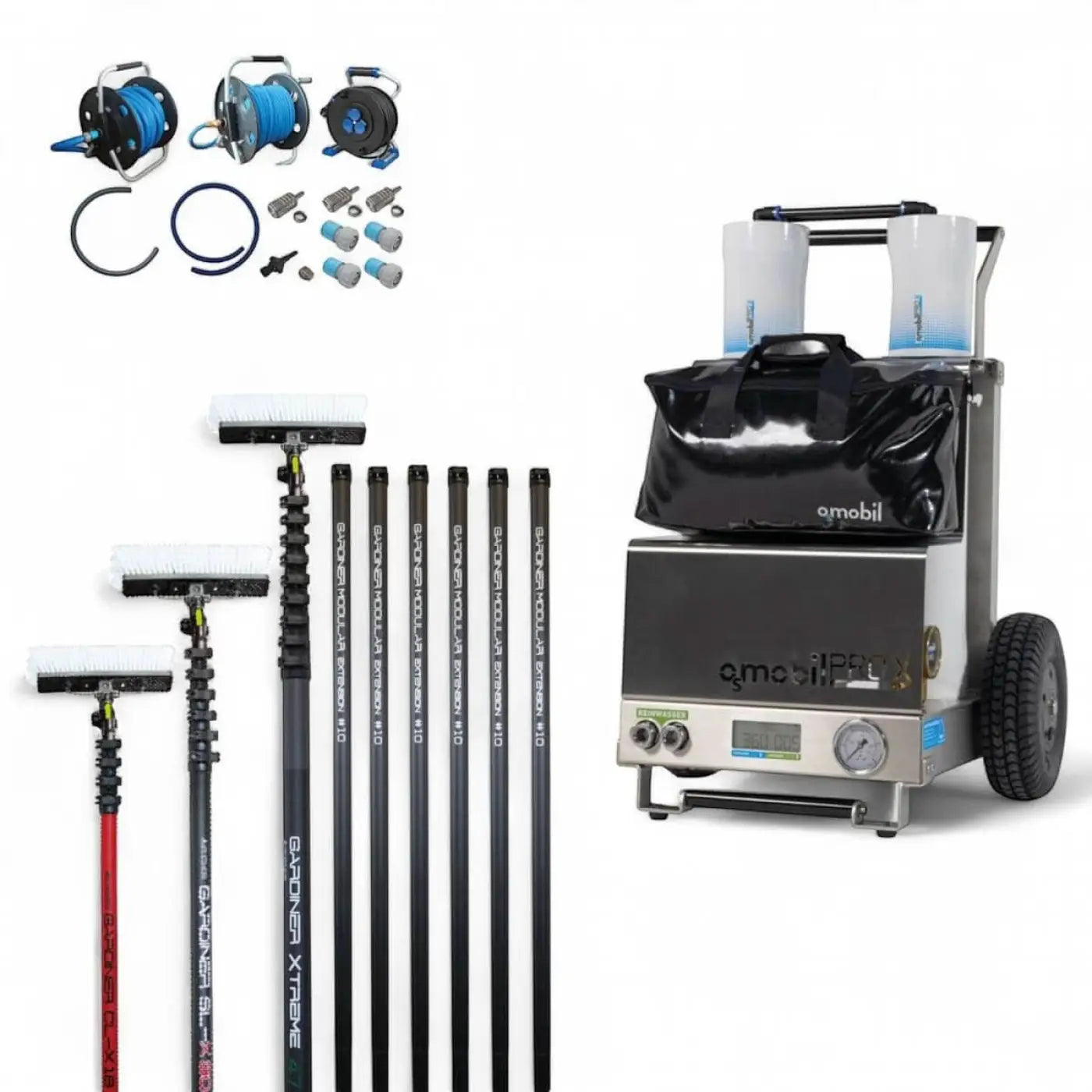 Schwarze und silberne qmobil ip500 reinigungsmaschine mit zwei weißen wassertanks auf fahrbarem profi-set xl für osmosereinigung