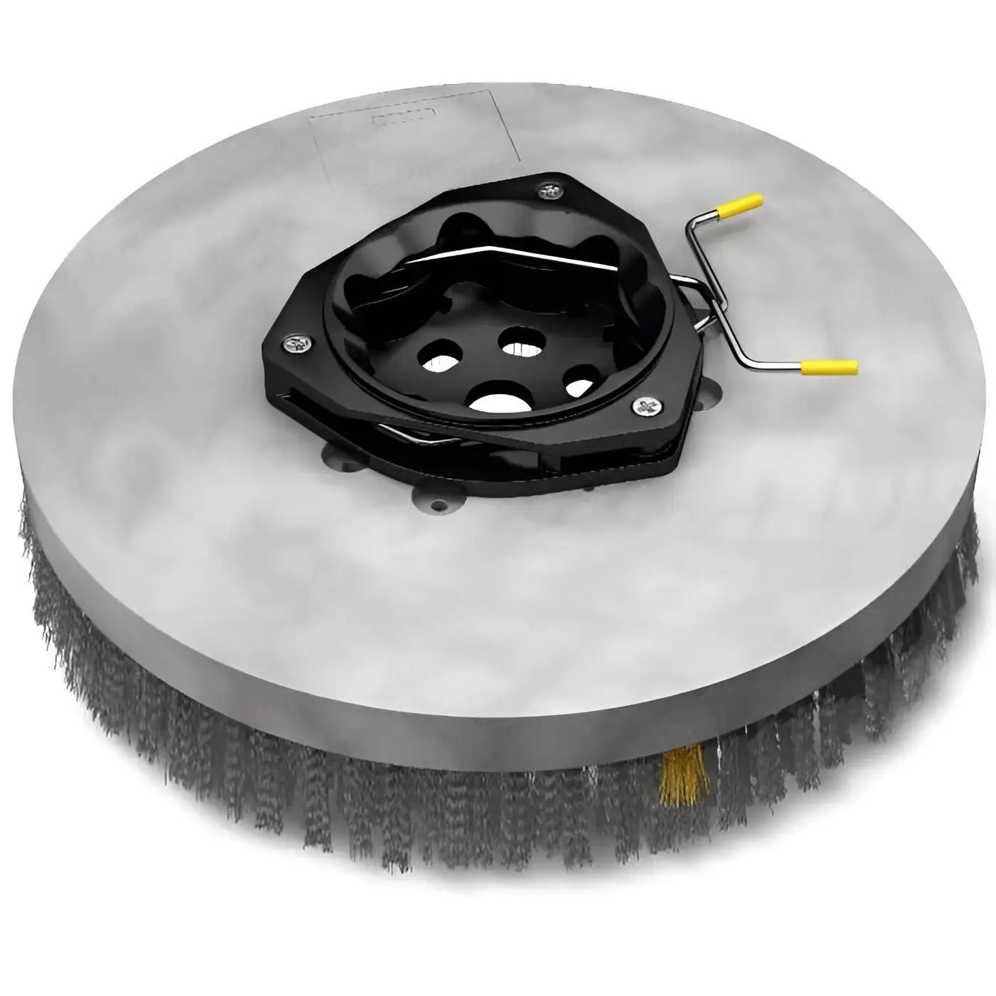 Runder seiten schrubbteller poly hart 13 zoll t16 walze mit schwarzem mittelhohes, silberner metallbasis und gelb akzentuierter grauer borstenbürste