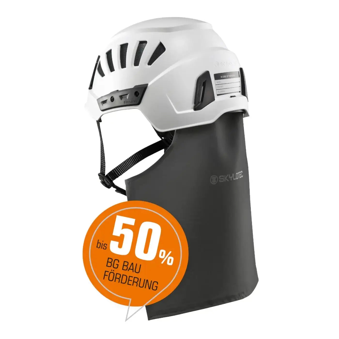 Weißes skylotec kit inceptor grx schutzhelm mit schwarzen lüftungsschlitzen und dunkelgrauem gesichtsschutz