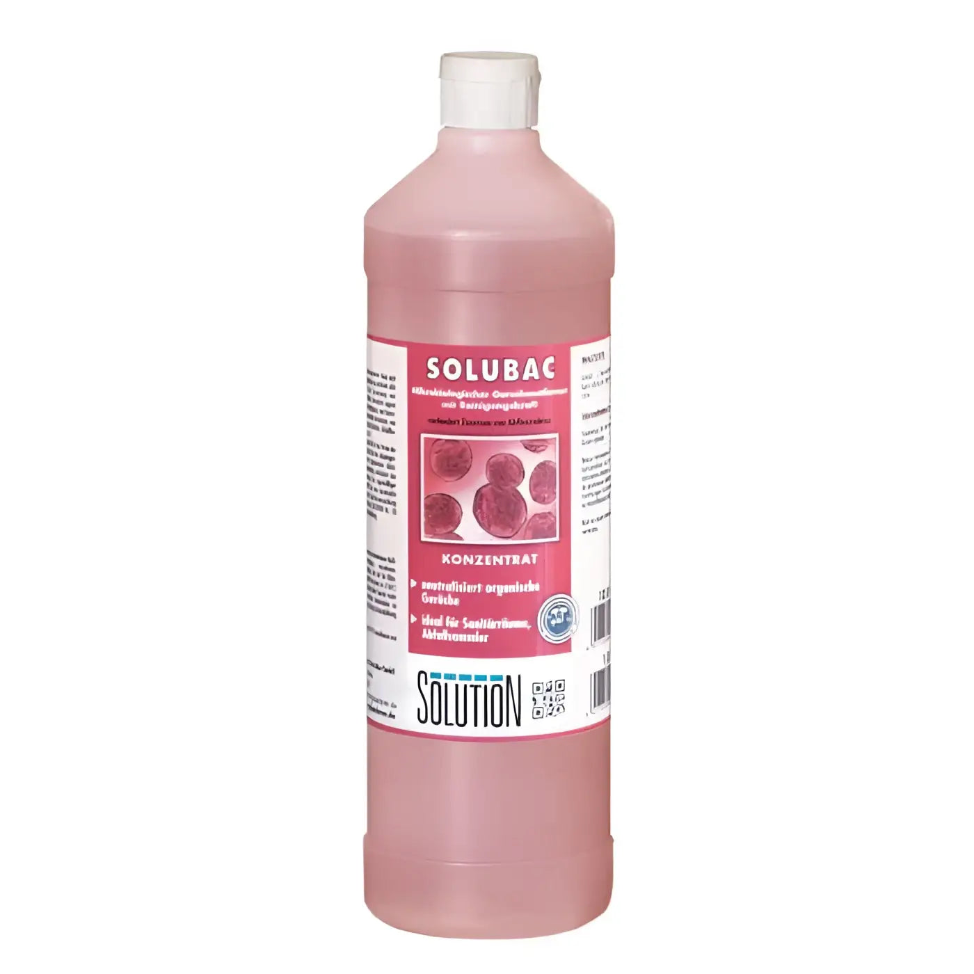 Eine 1 liter flasche solubac lösung mit rosa flüssigkeit und weißem deckel als geruchskiller von glöckner