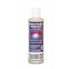 Eine klare plastikflasche mit weißem deckel und dem schriftzug edelstahl-protect auf lila hintergrund mit sonnenuntergang über wasser, solution glöckner edelstahl protect 1l