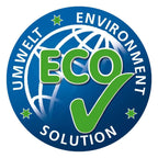 Circular umwelt solution logo with green eco text and checkmark over blue globe on solution-glöckner magic mega glasreiniger 10l
