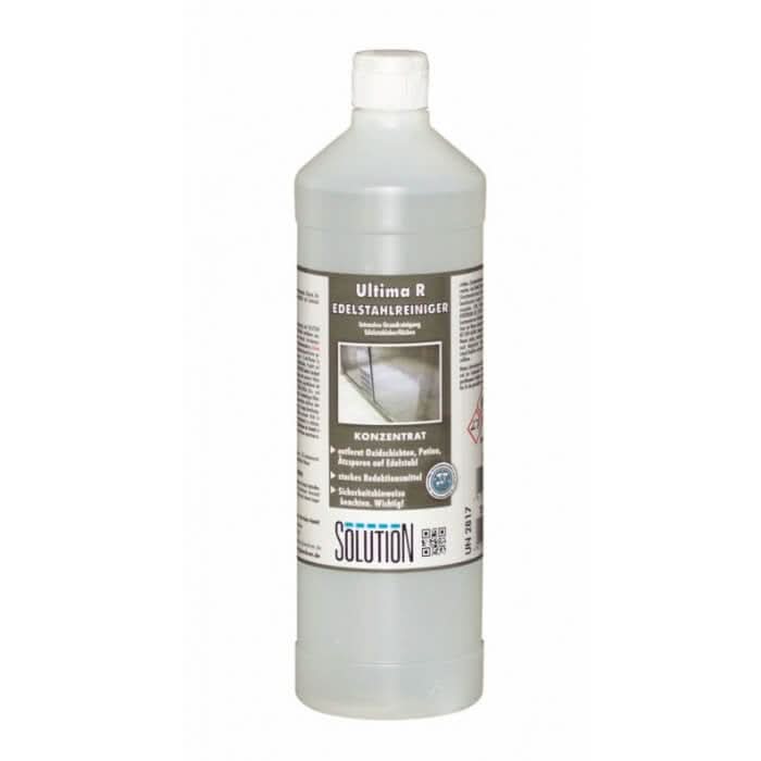 Klarer plastikflasche mit weißem deckel und dunkelgrauem etikett der marke Solution Ultima R Edelstahlreiniger mit transparentem flüssig