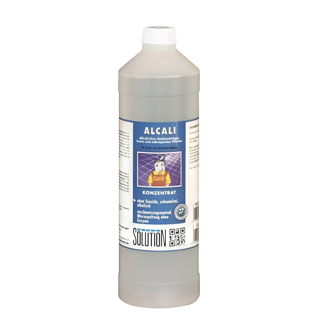 Eine durchscheinend graue plastikflasche mit weißem verschluss und blau weißem etikett der marke alcali konzentrat von solution-glöckner 1l
