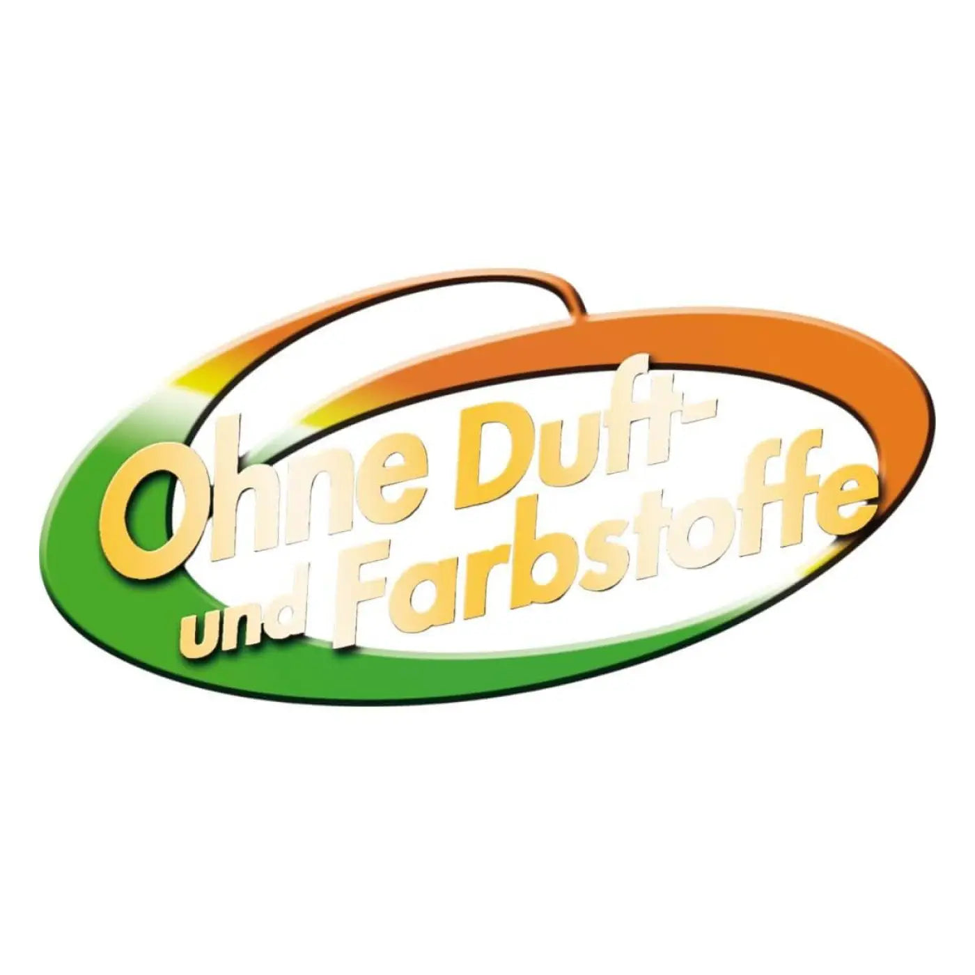Logo mit dem text ohne duft- und farbstoffe in goldener 3d schrift auf grün-orange oval für magic mega glasreiniger