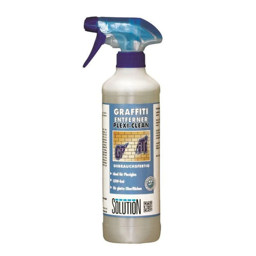 Weiße kunststoff-sprühflasche mit lila auslöser und durchsichtigem blauen düsenkopf für graffiti entferner plexi-clean von solution