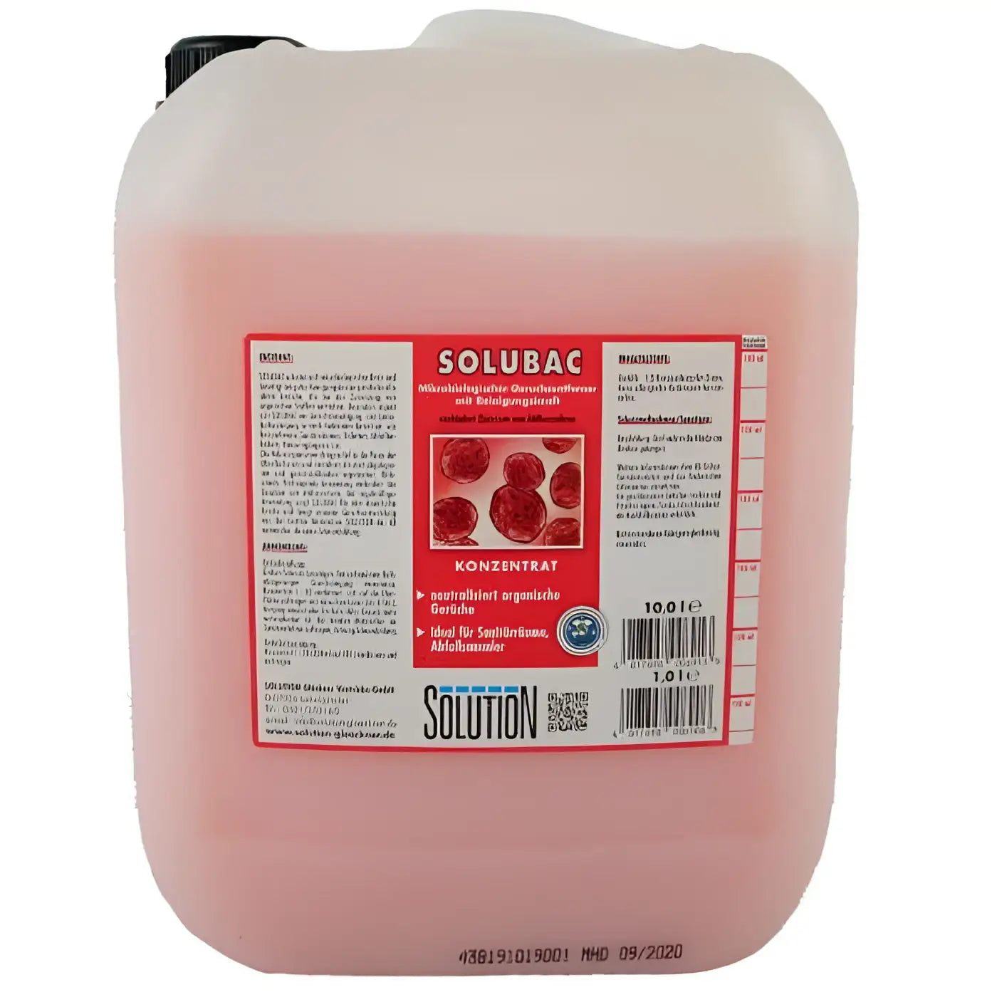 Pinkflüssiger plastikbehälter mit schwarzem deckel und rotem solubac-etikett lösung glöckner solubac geruchskiller 10l