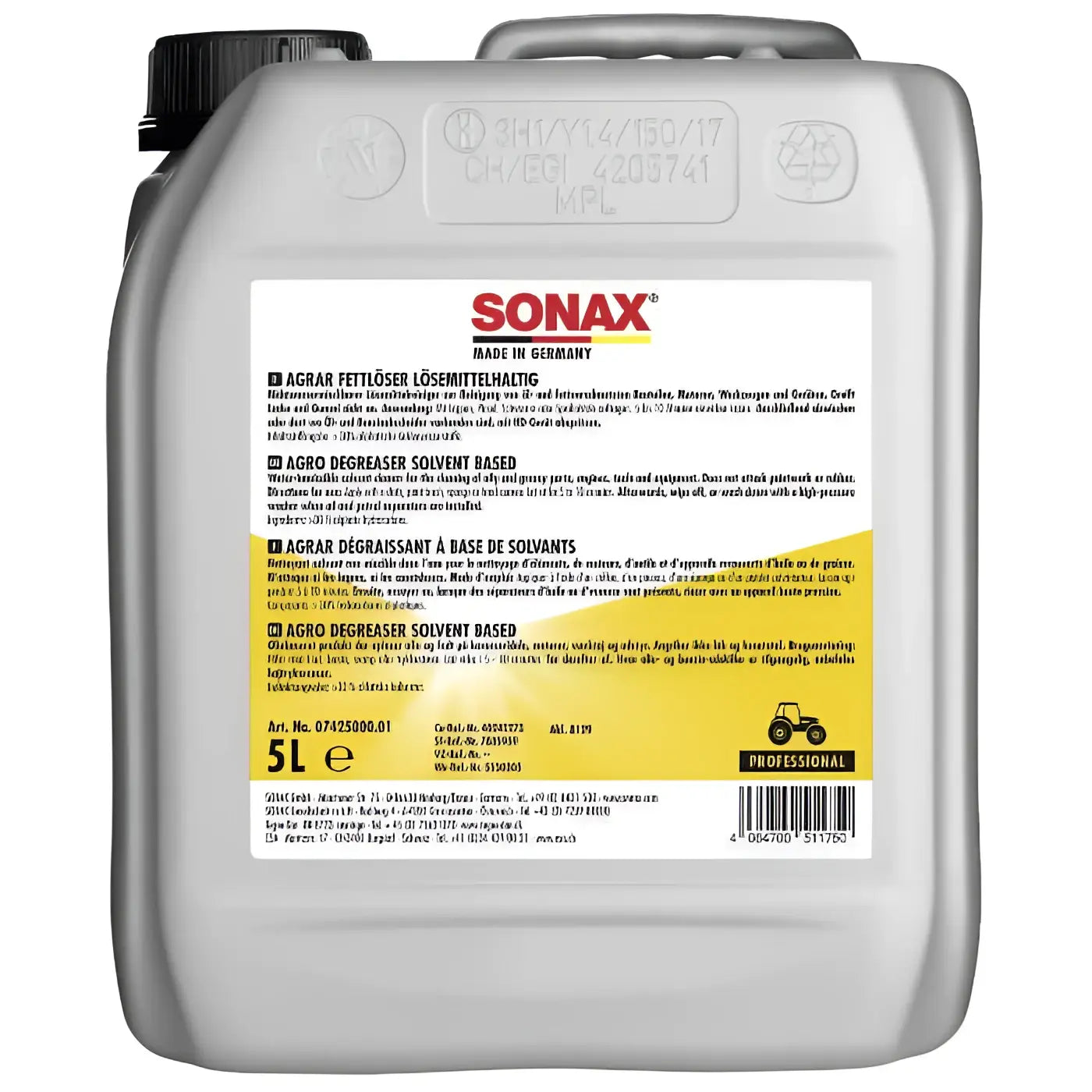 Silberner plastikcontainer sonax agrar fettlöser lösemittelhaltig 5l mit mehrsprachiger beschriftung und gelbem streifen