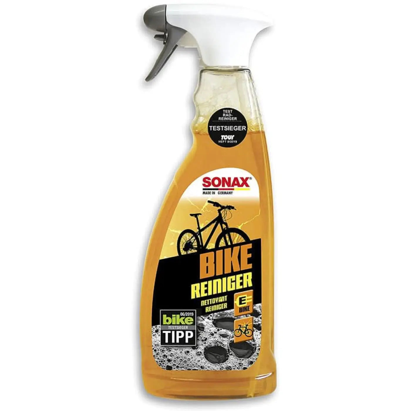 Sonax bike reiniger fahrradreiniger 750ml transparentes sprayflasche mit bernsteinfarbener flüssigkeit und weiß-grauem sprühkopf