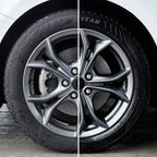 Splitansicht eines autorads vor und nach der reinigung mit dem sonax felgenreiniger 1l zeigt silberne aluminiumfelge