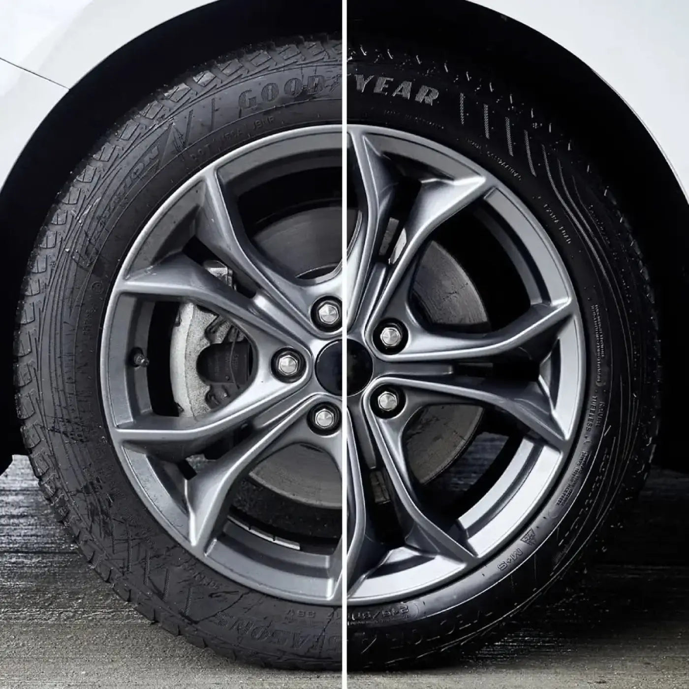 Splitansicht eines autorads vor und nach der reinigung mit dem sonax felgenreiniger 1l zeigt silberne aluminiumfelge
