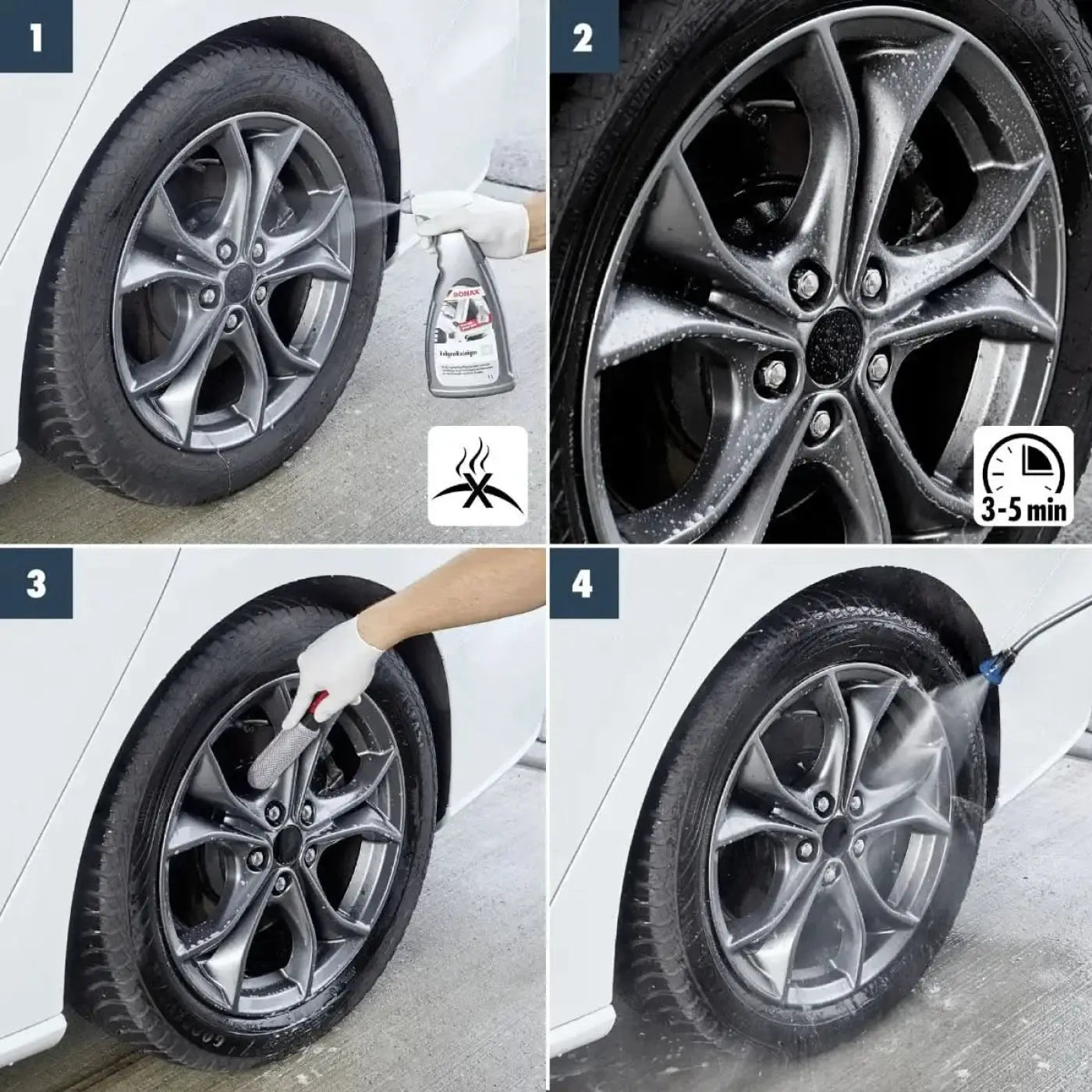 Silberlegierter 5-speichen-alufelge mit schwarzem reifen und sonax felgenreiniger 1l für felgenreinigung