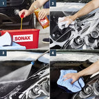 Roter sonax autowascheimer mit weißem logo und blauem mikrofasertuch für sonax glanzshampoo konzentrat