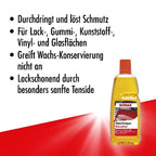Eine gelbe flüssigkeitsfüllte flasche mit rotem verschluss und sonax label sonax glanzshampoo konzentrat