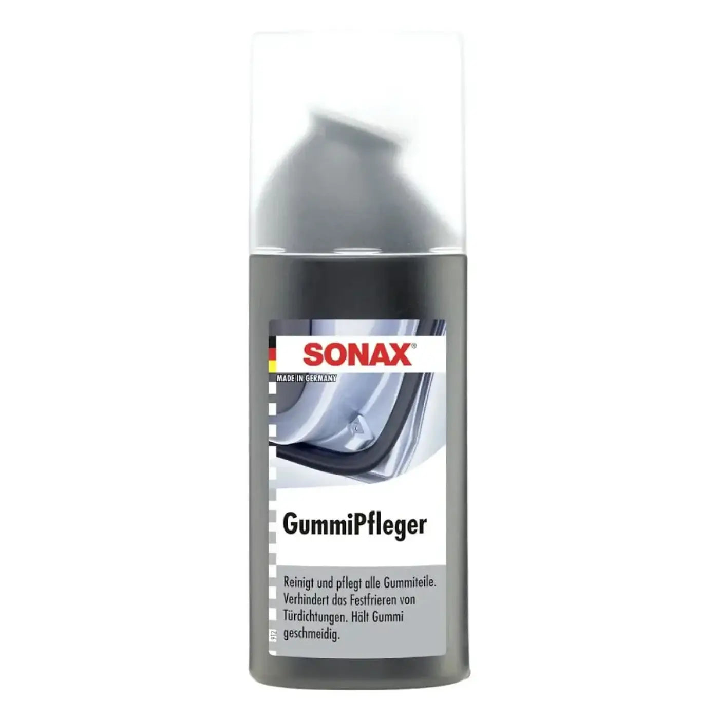 Sonax gummipfleger aerosoldose in dunkelgrau mit transparenter kappe zur reinigung und schutz von gummiteilen im auto