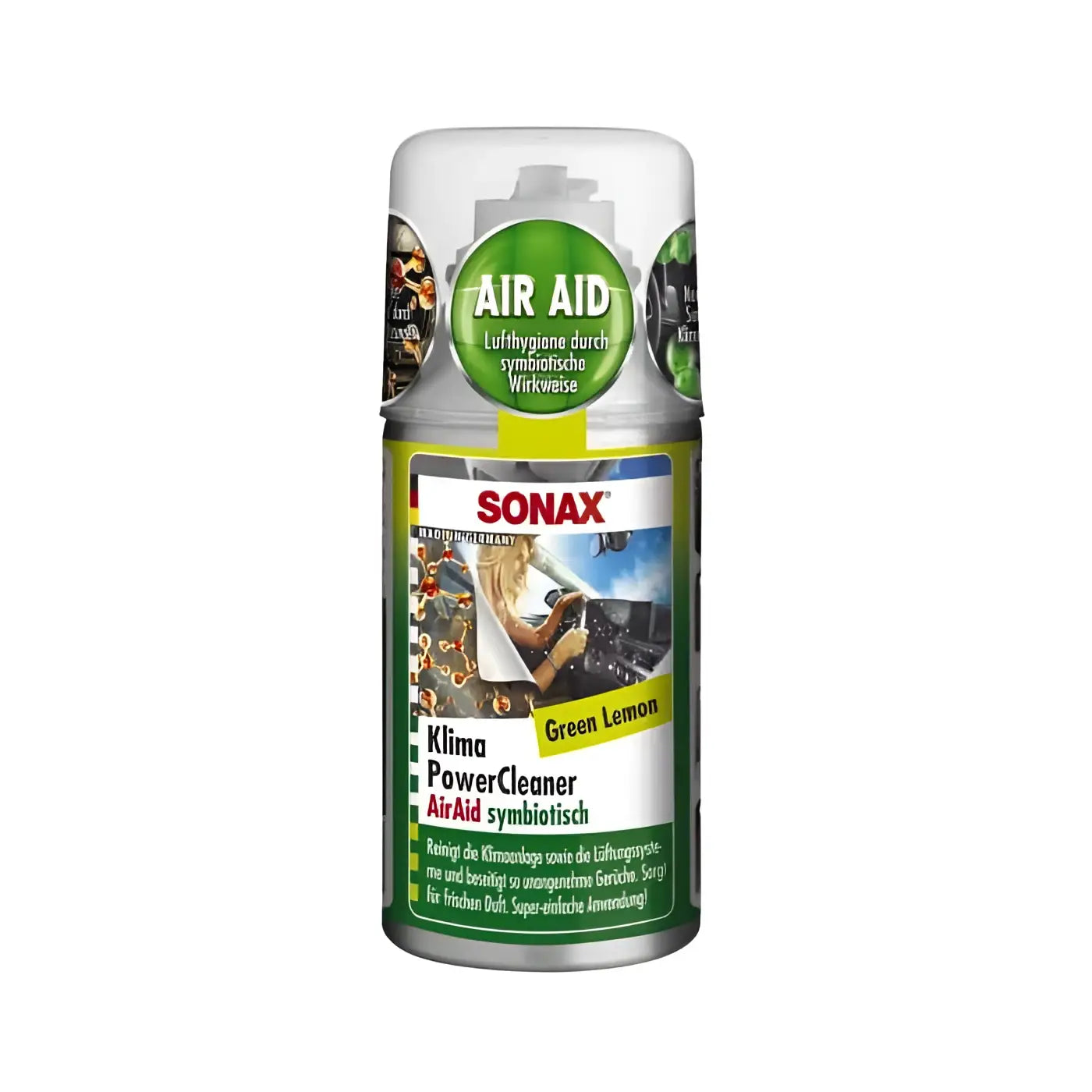 Grüner zitronenduft sonax klima powercleaner luftreiniger spray in silber-grünem aerosoldose 100ml
