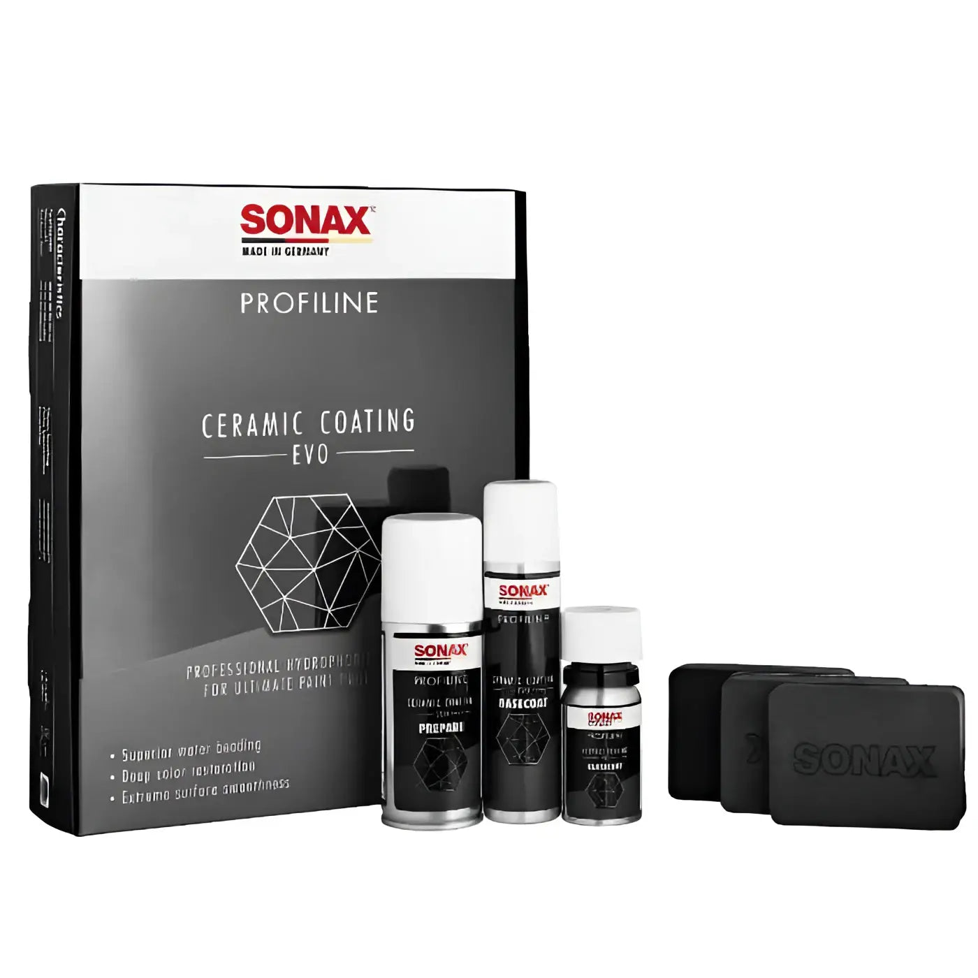 Sonax profiline ceramic coating cc evo kit mit drei sprays und zwei schwarzen applizierpads für lackschutz