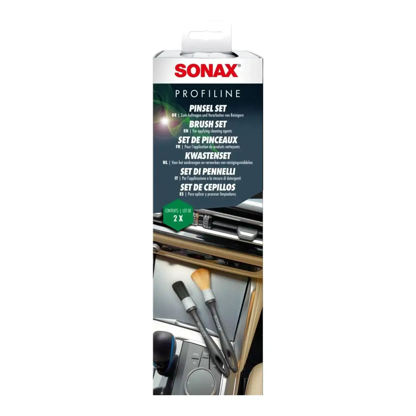 Sonax profiline pinselset mit zwei präzisions pinseln in schwarz weißer verpackung und weichen borsten