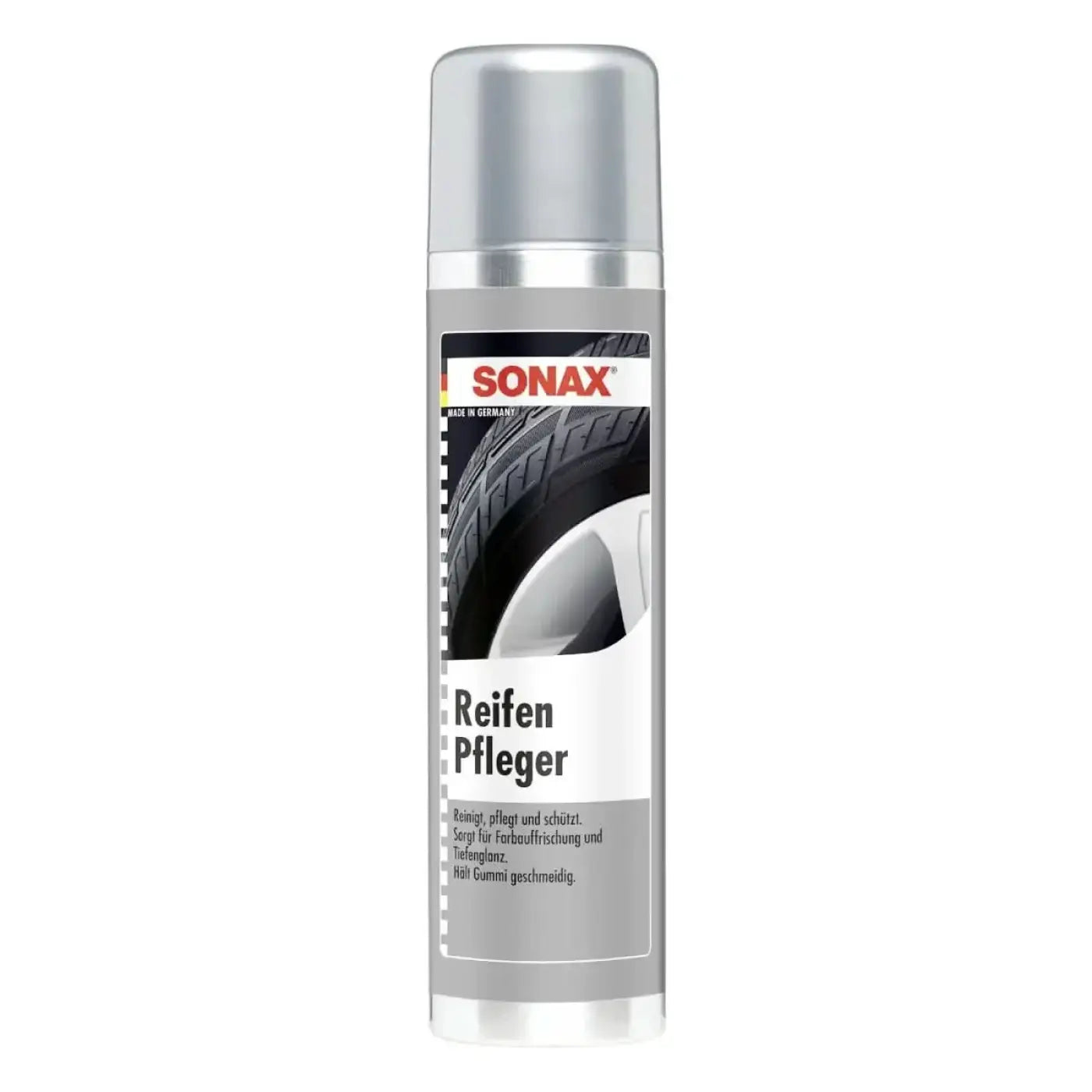 Silberne sonax reifenpfleger spraysdose 400ml mit schwarz weißem reifenbild auf dem etikett