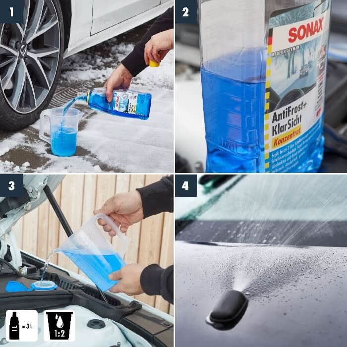 Blaues sonax antifrost plus klarsicht konzentrat citrus flasche zur autoscheibenenteisung und sichtklarheit
