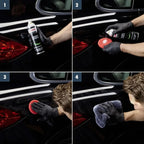 Schwarzes auto wird mit sonax profiline polymer netshield 340ml sprühprodukt und polierschwamm gepflegt