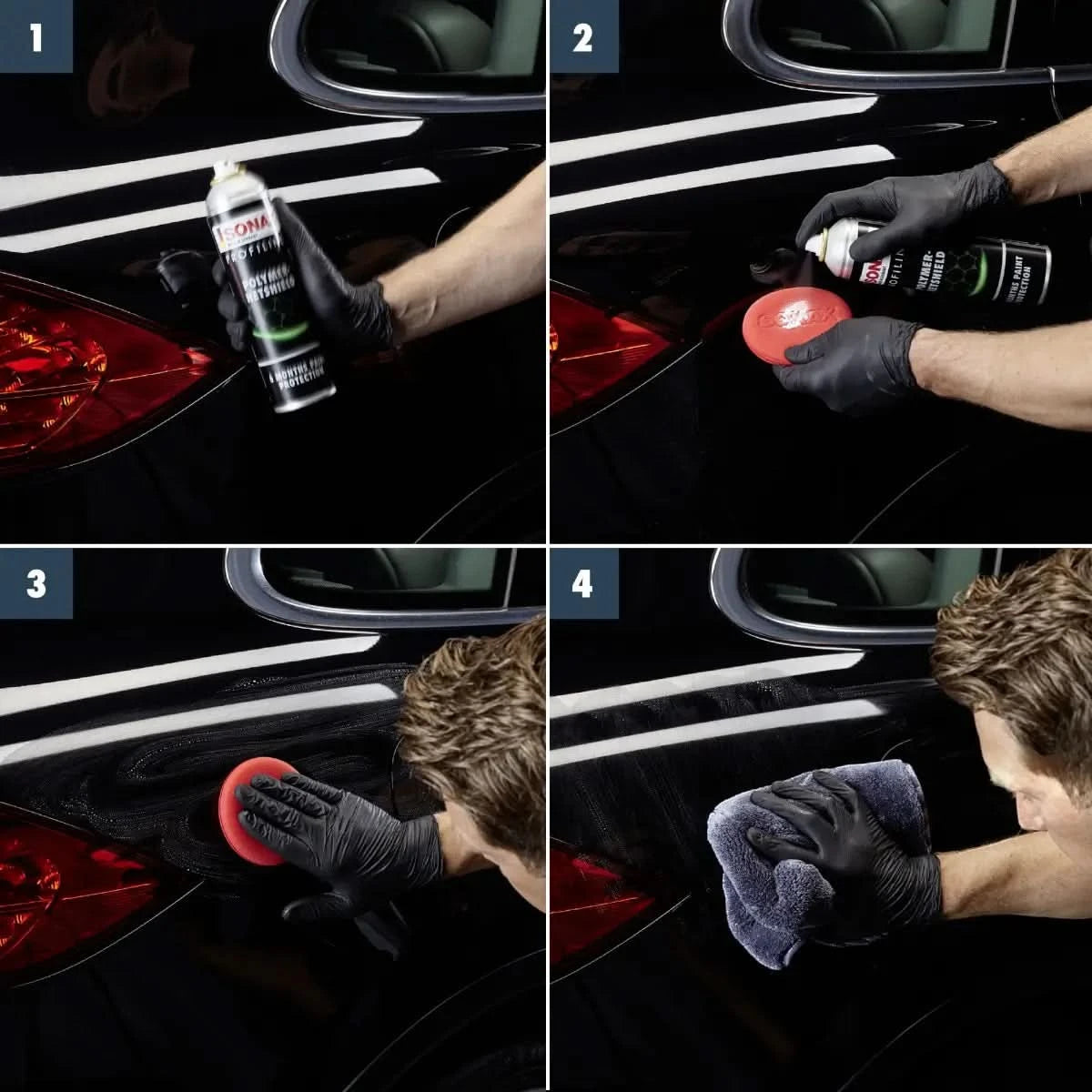 Schwarzes auto wird mit sonax profiline polymer netshield 340ml sprühprodukt und polierschwamm gepflegt