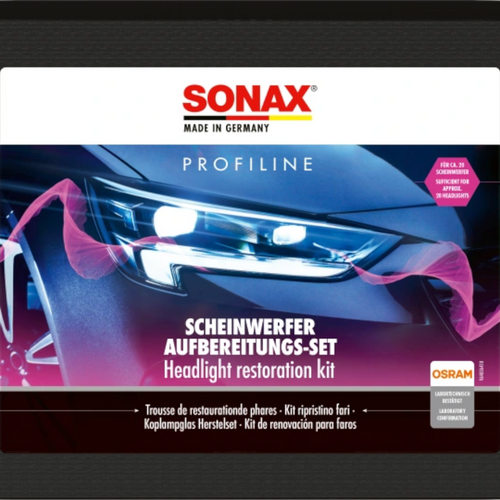 Sonax profiline 26-teiliges scheinwerfer aufbereitungsset mit blauem autolicht und pinken bandakzenten