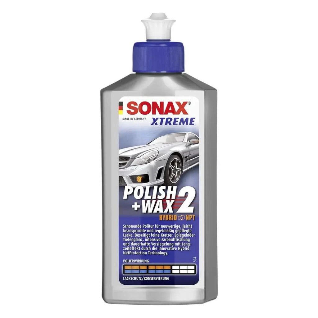 Silberfarbene plastikflasche mit blauem deckel und weißer düse sonax xtreme polish plus wax 2 hybrid npt 500ml
