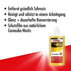 Ein gelbes sonax wasch+wax autoshampoo mit wax in einer klaren kunststoffflasche und weißem pumpspender