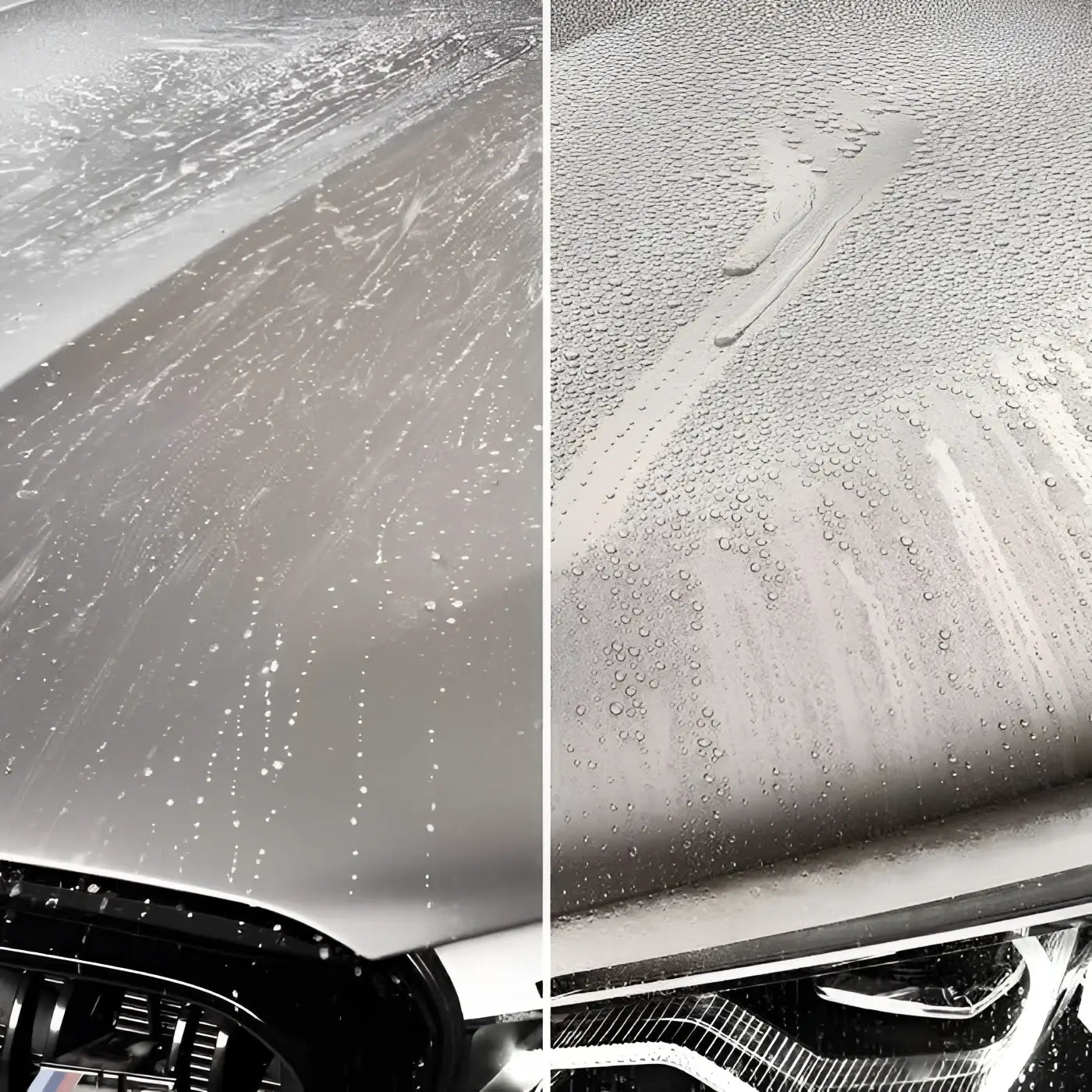 Shiny silberne motorhaube mit wasserperlen nach verwendung von sonax xtreme ceramic active shampoo 500ml