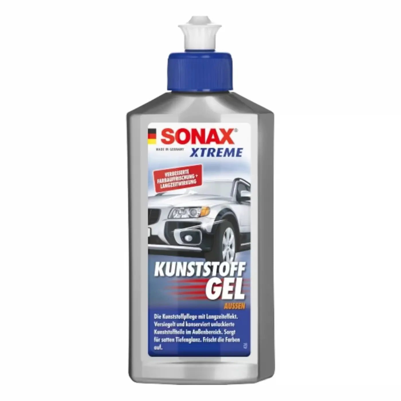 Sonax xtreme kunststoffgel außen 250ml in silberner plastikflasche mit blauem verschluss und weißer düse