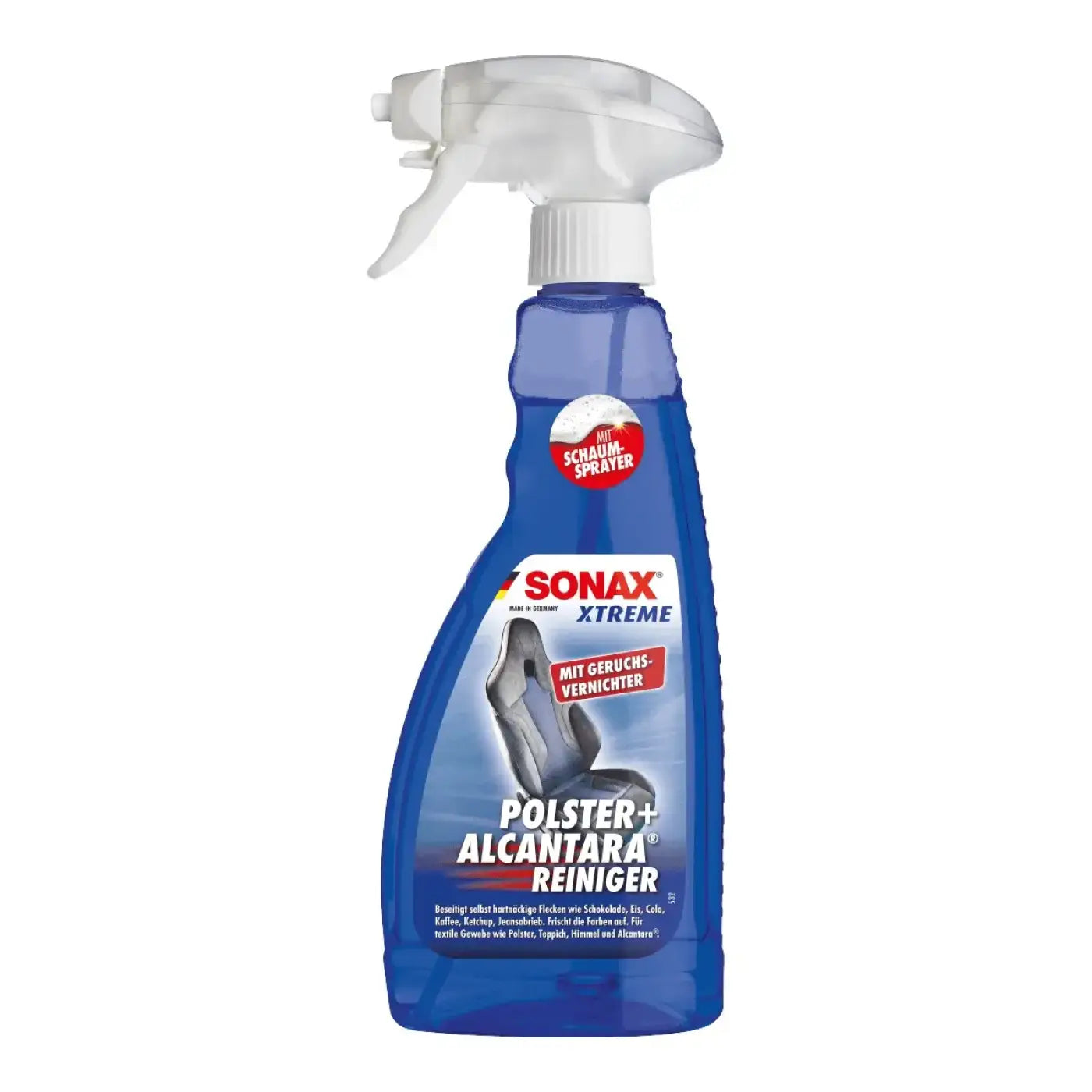Blaues plastik-sprühflasche mit weißer düse sonax xtreme polster und alcantara reiniger für textil- und alcantara-reinigung