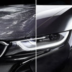 Glänzende schwarze motorhaube eines autos mit wassertröpfchen und schlankem led-scheinwerfer mit sonax xtreme richfoam shampoo 1l