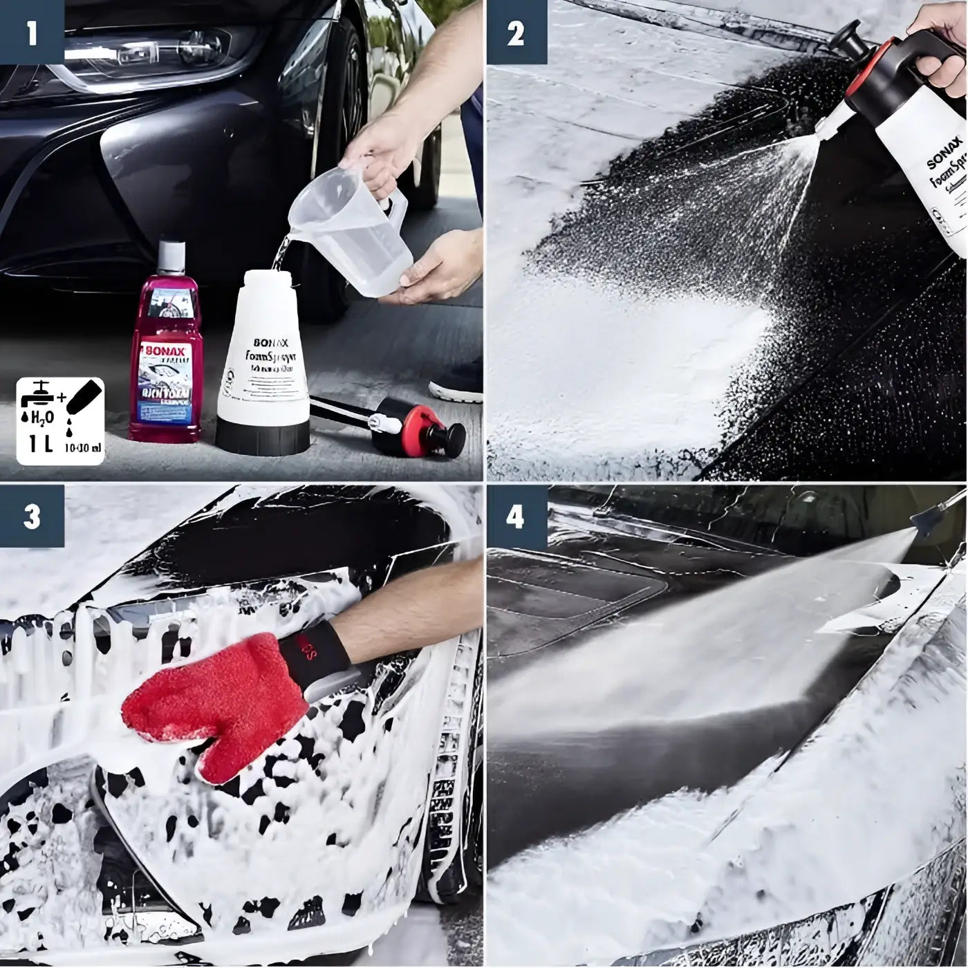 Schwarzes auto wird mit sonax xtreme richfoam shampoo 1l schaumsprüher und reinigungslösung gewaschen