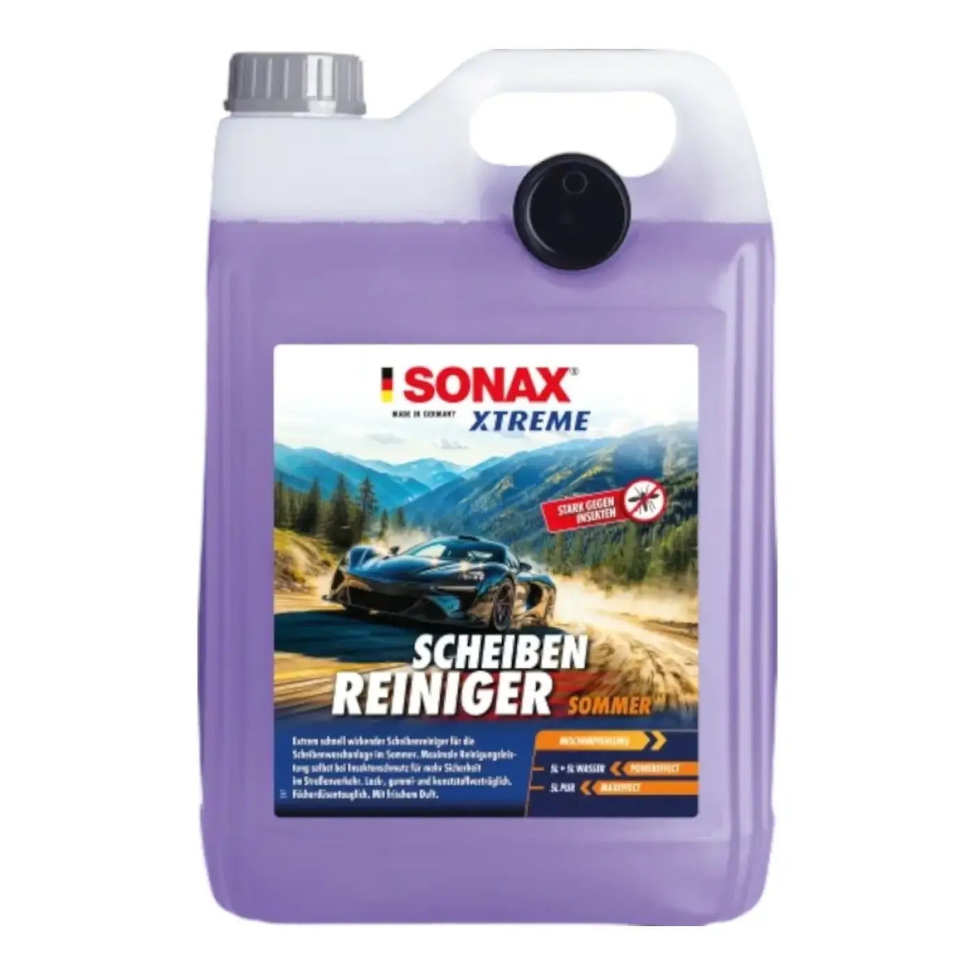 Purple flüssigkeit gefüllter kunststoffkanister mit grauem deckel und schwarzem ausguss für sonax xtreme scheibenreiniger sommer