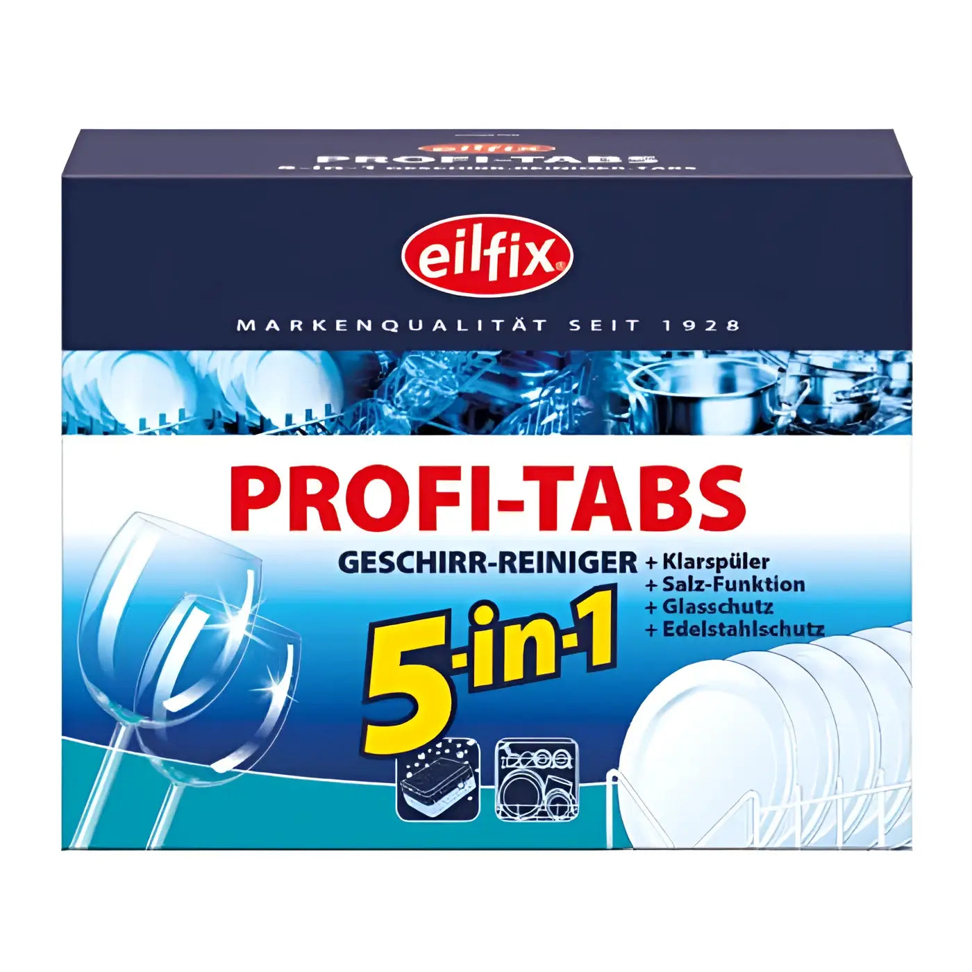 Eilfix spülan profi-tabs 5in1 spülmaschinentabs in blauer weißer verpackung mit sauberem glasgeschirr abbildung