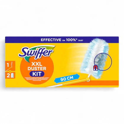 Swiffer xxl duster kit mit 90 cm handgriff und blau-weißen mikrofasertüchern zur staubaufnahme