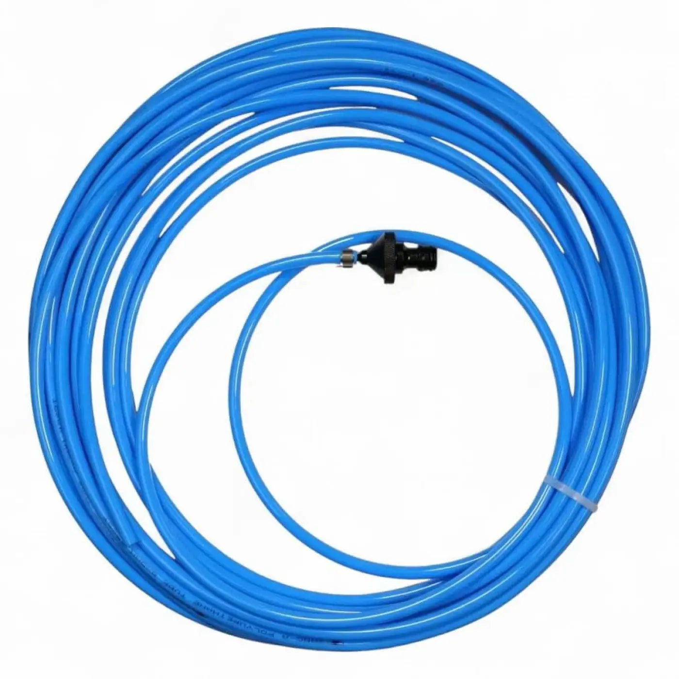 Coiled blue plastic teleskopstangenschlauch 50 meter with black spray nozzle for professional applications