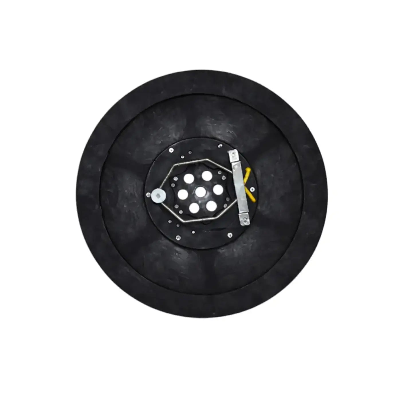 Schwarzer gummitreibteller für pads bis 480 mm mit zentraler silberner sechseckplatte und metallverschluss von tennant