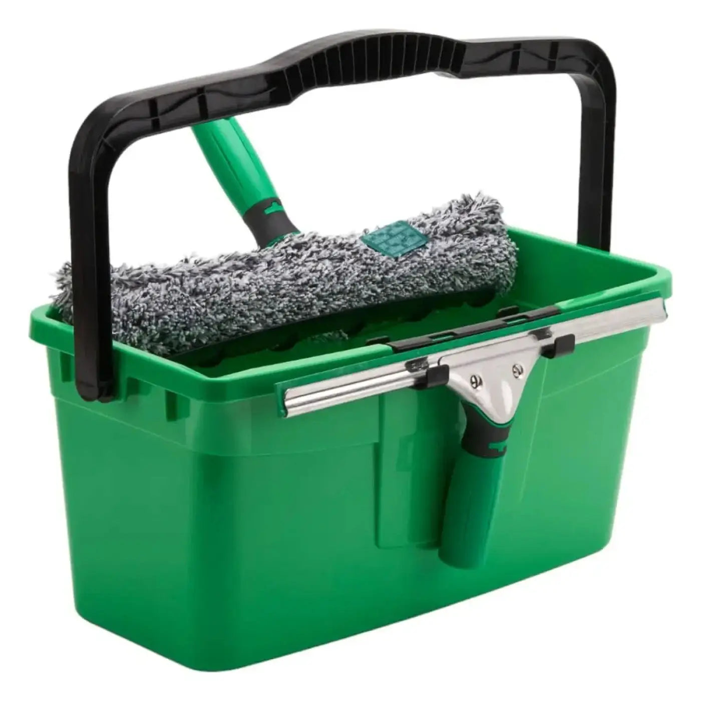 Unger 12 liter eimer qb12b grüner plastikmülleimer mit schwarzem griff, grauem mikrofaser-moppkopf und silbernem abzieher