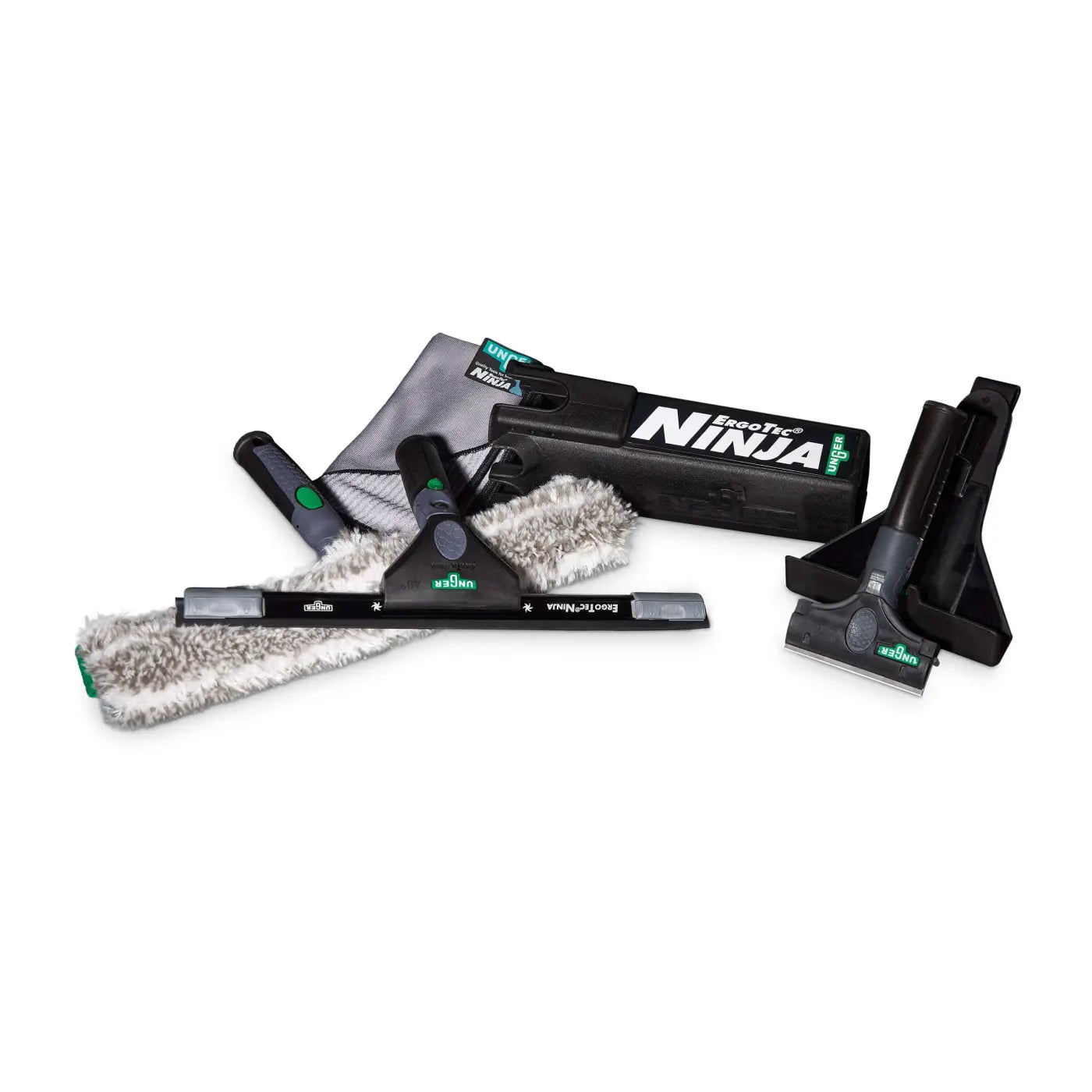 Ungern ergotec ninja 6in1 fensterreinigungsset mit schwarz-grünen exotec werkzeugen und grauen mikrofaserabziehern
